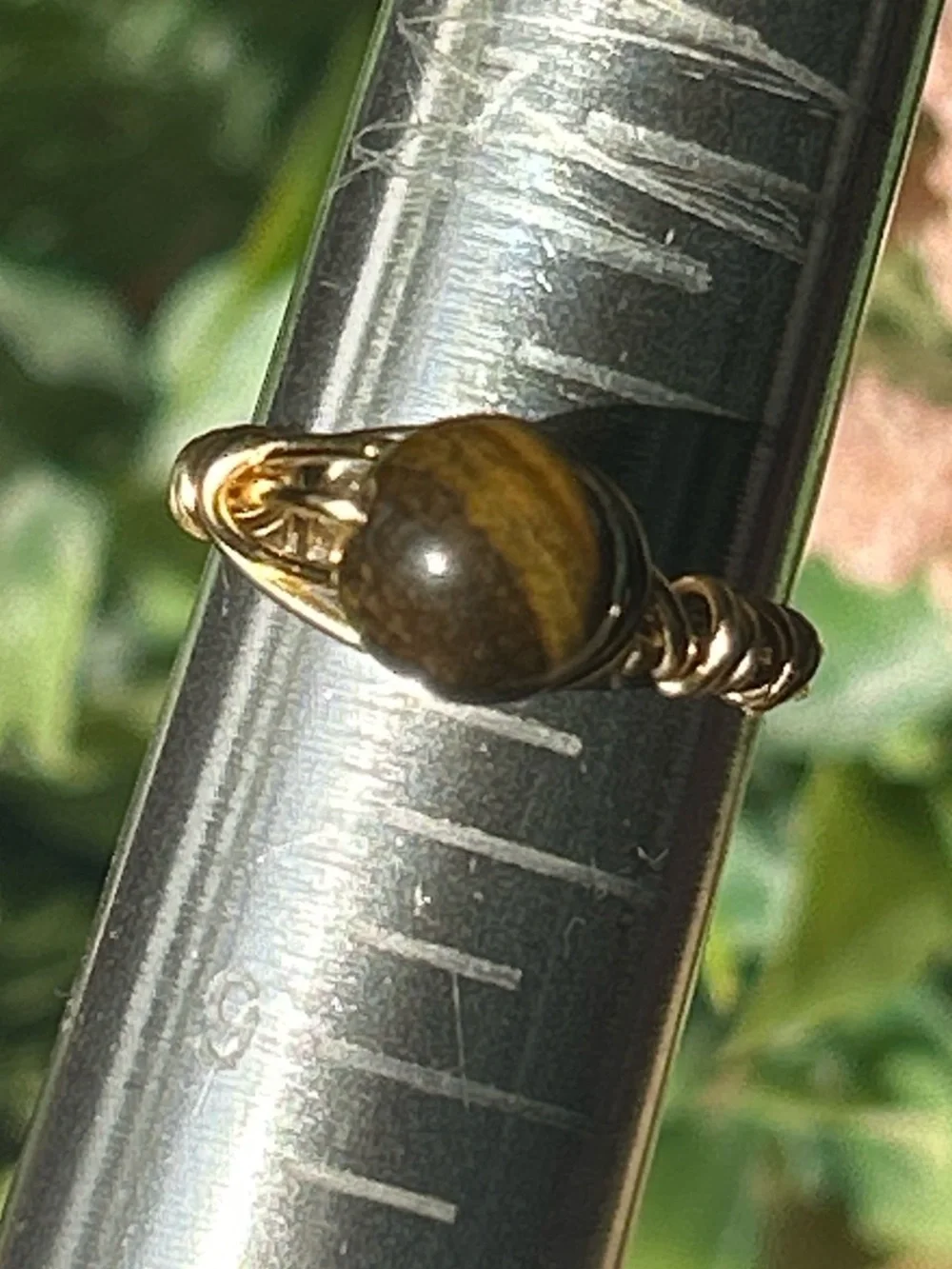Handmade tigers eye wire wrapped crystal ring - size 8